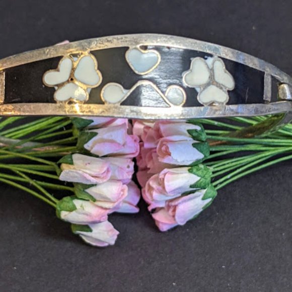 Vintage Sterling Taxco Inlay Heart Flower Bracelet - Picture 2 of 10